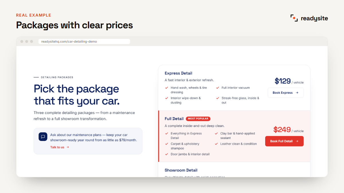 Real example of detailing packages with clear prices on a free car detailing website