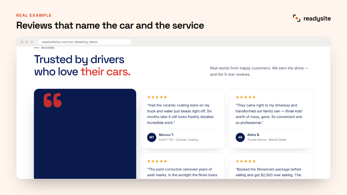 Real example of customer reviews that name the car and the detailing service