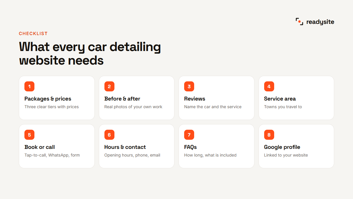Checklist of the 8 things every car detailing website needs