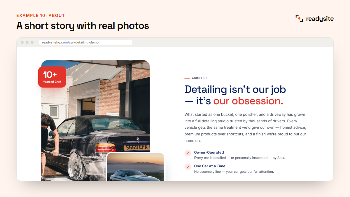 About section with real photos on a detailing website