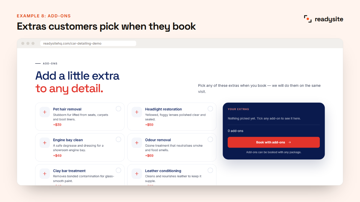 Detailing add-ons customers can choose when booking
