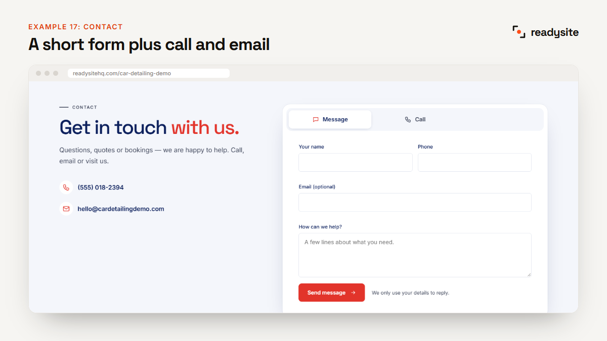 Contact form with phone and email on a detailing website