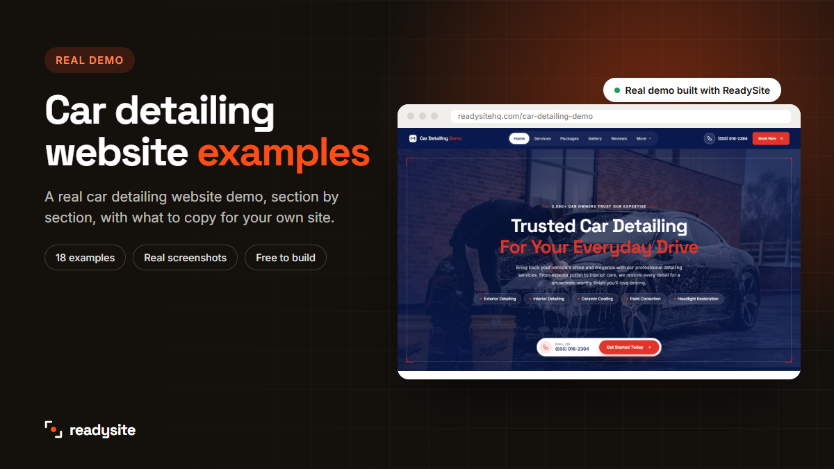 Car detailing website examples from a real ReadySite demo