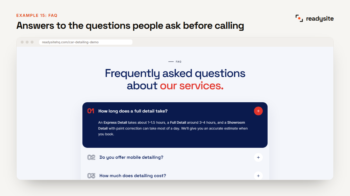 FAQ accordion on a car detailing website