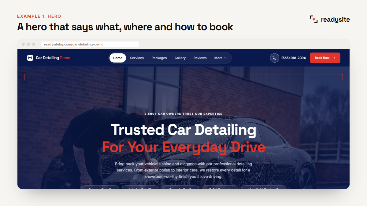 Car detailing website example hero section with booking button