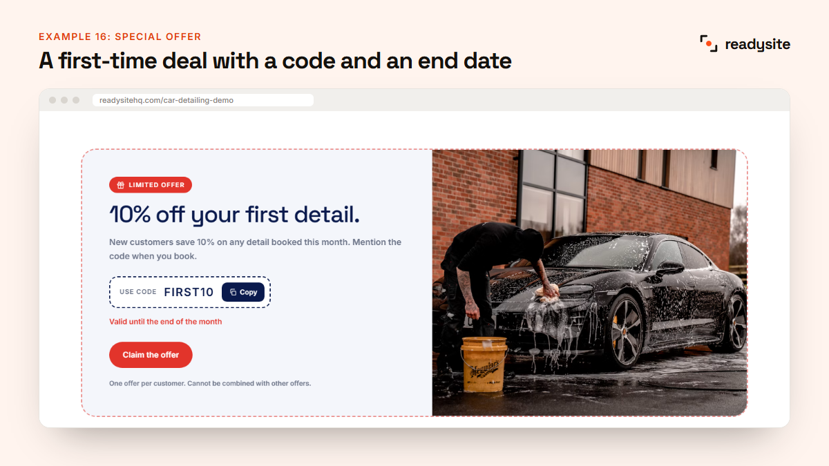 First-time detailing offer with a discount code