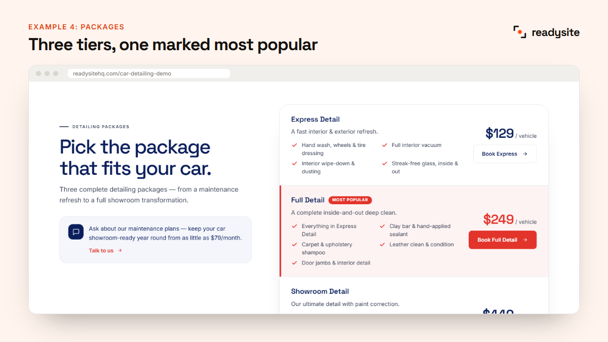 Three detailing packages with the most popular highlighted