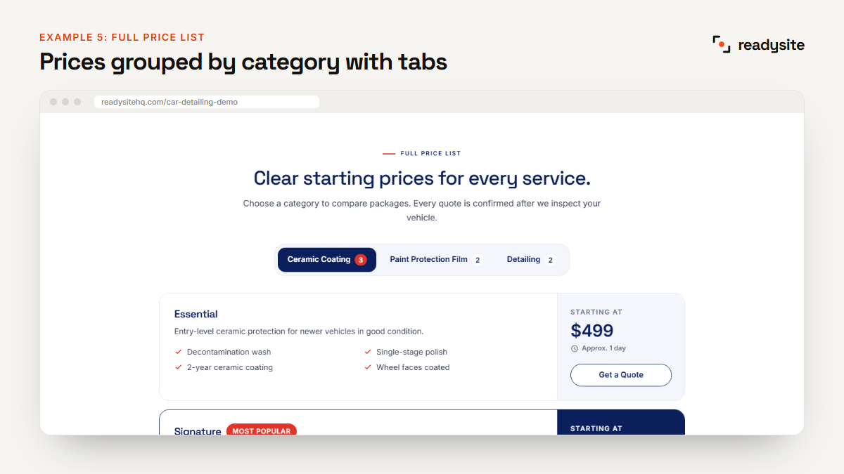 Detailing price list grouped by category with tabs
