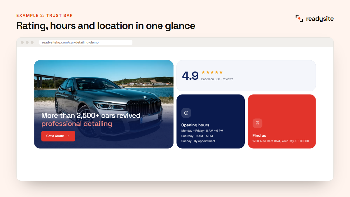 Trust bar with rating, hours and location on a detailing website
