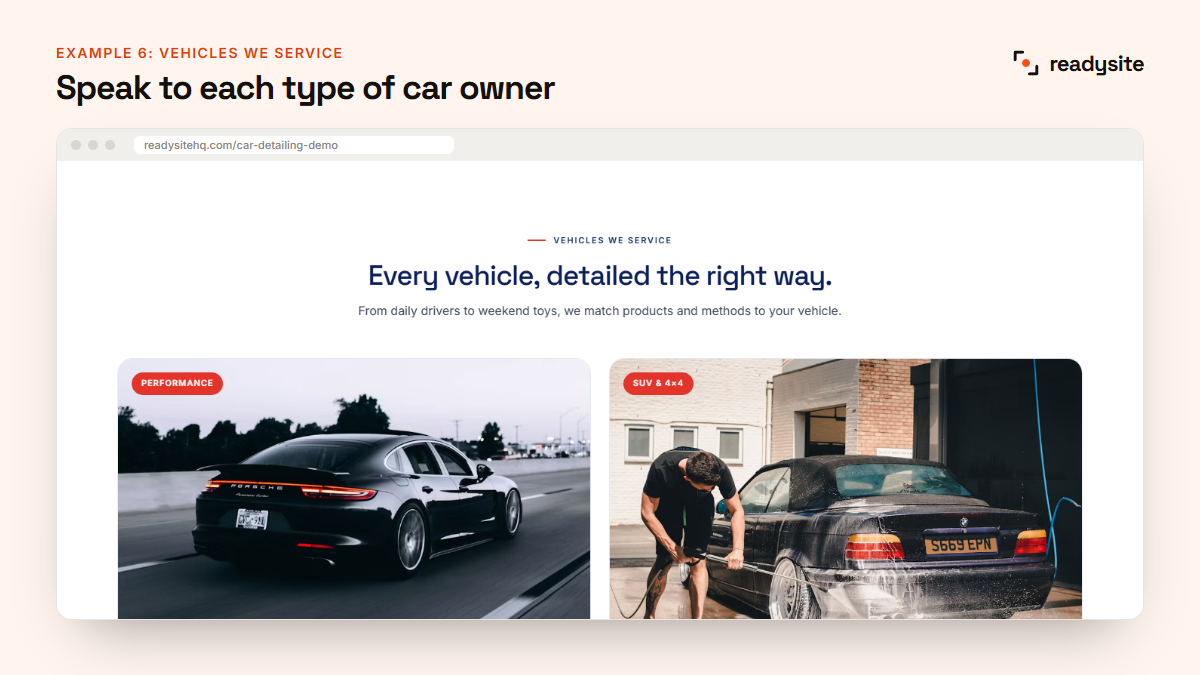 Vehicles we service section on a detailing website