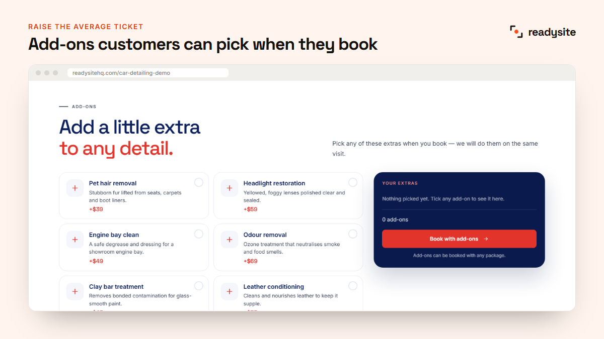 Detailing add-ons customers can choose when booking