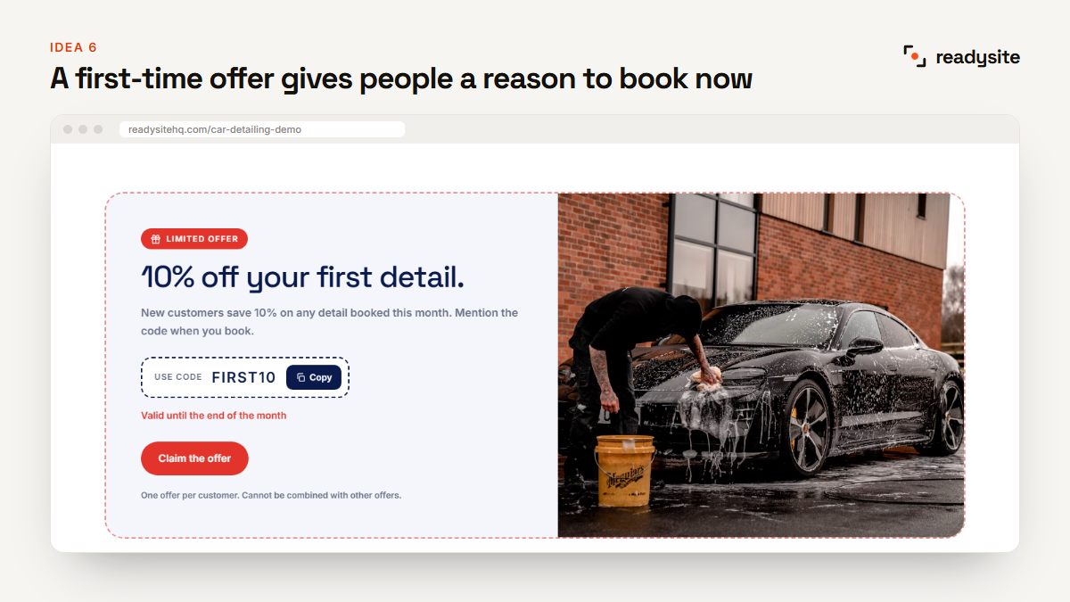 First-time customer offer on a car detailing website