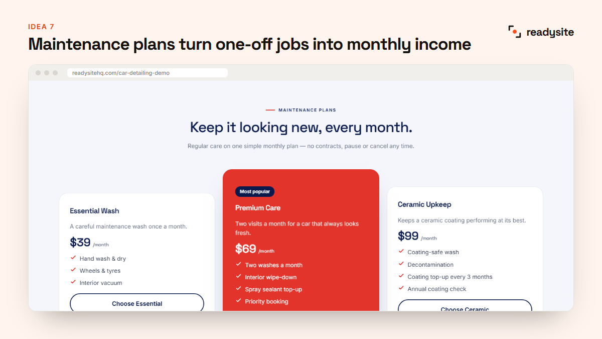 Monthly maintenance plans for detailing customers