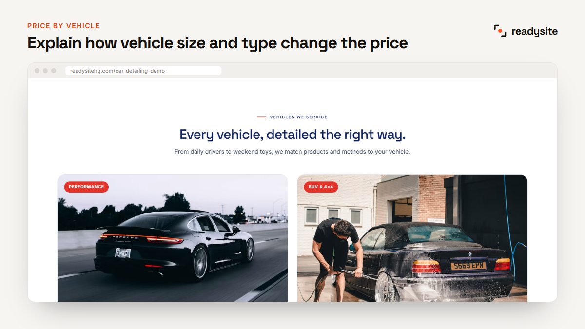 Detailing services by vehicle type on a detailing website