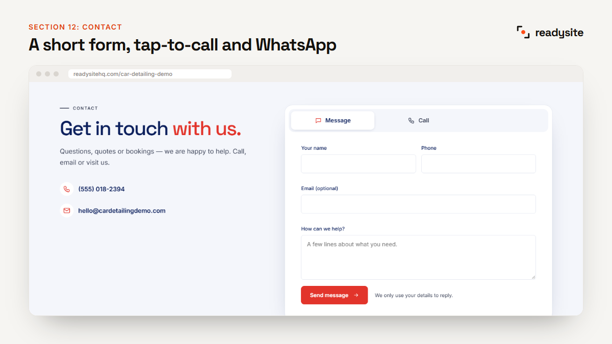 Contact section with form, phone and email on a detailing website