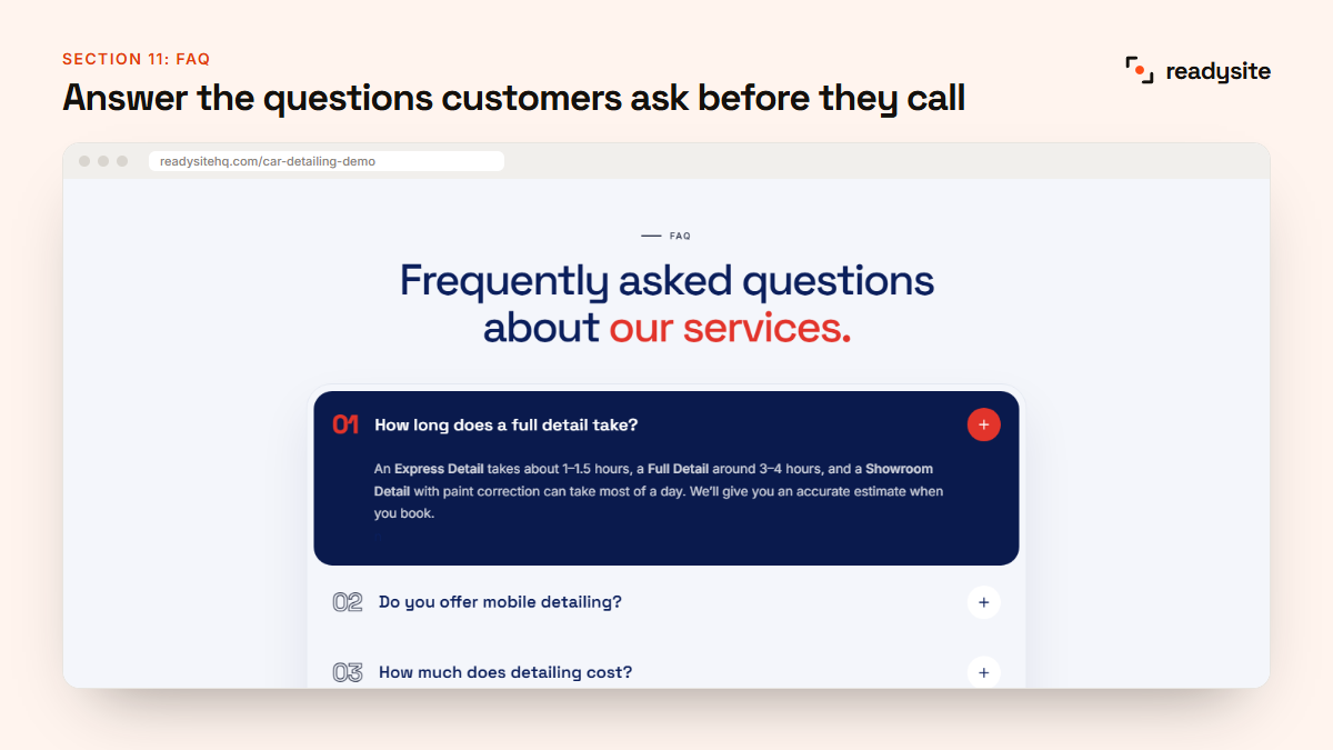 FAQ section on a car detailing website