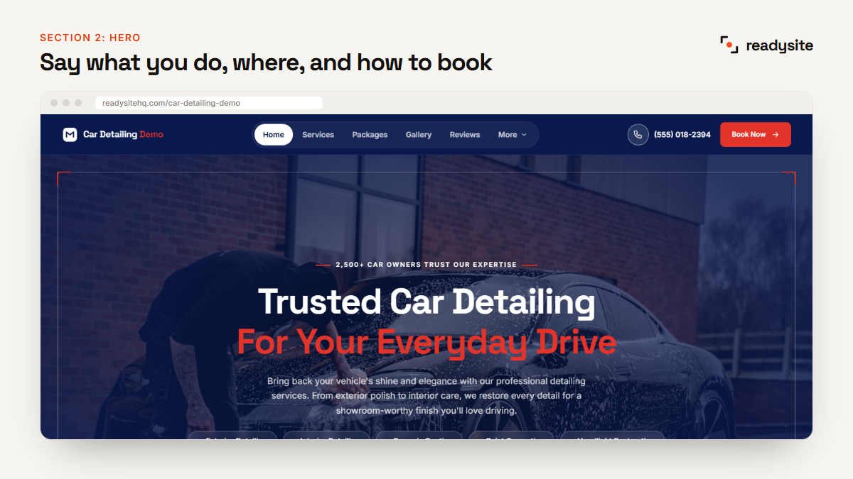 Car detailing website hero section with headline and booking button