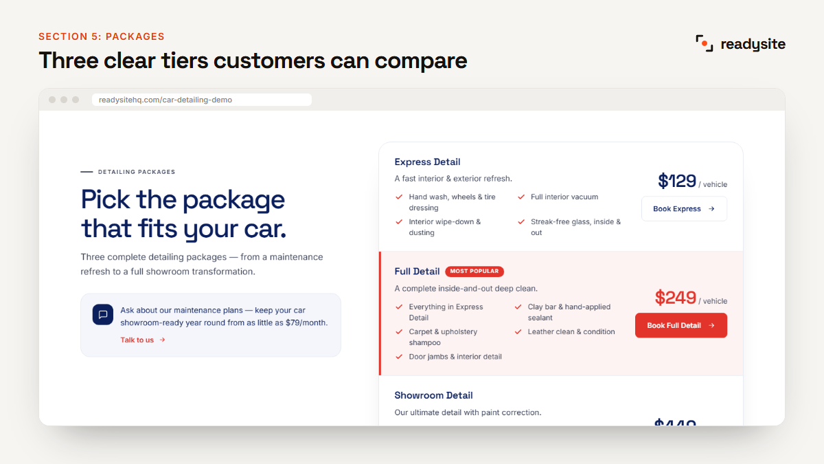 Three detailing packages with prices on a car detailing website