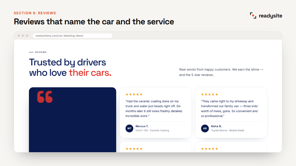 Customer reviews naming the car and service on a detailing website