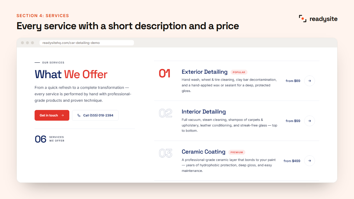Detailing services list with short descriptions and prices