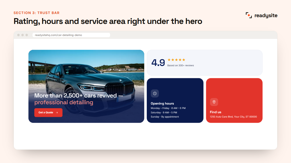 Car detailing website trust bar with rating, opening hours and location