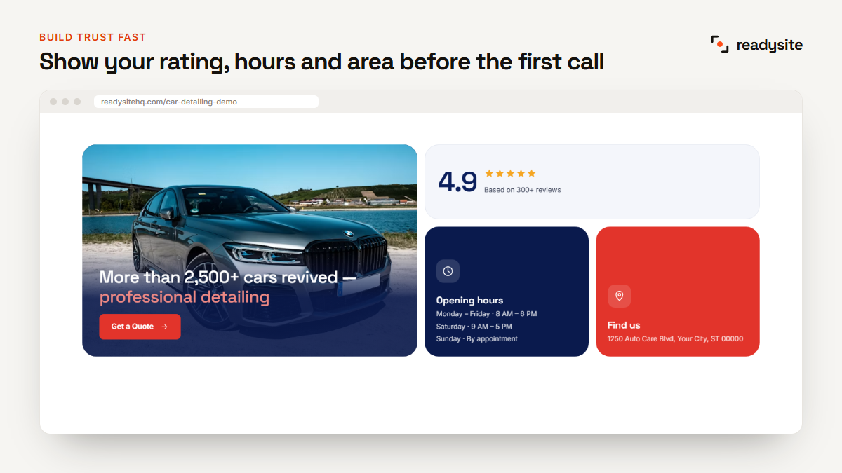 Trust bar with rating, hours and service area on a detailing website