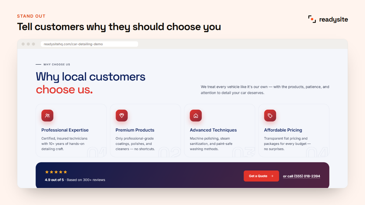 Why choose us section on a detailing business website