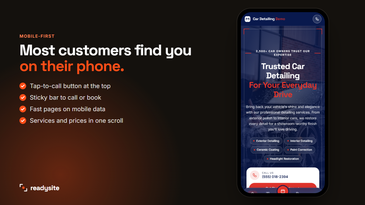 Car detailing website on a phone with tap-to-call and a sticky booking bar